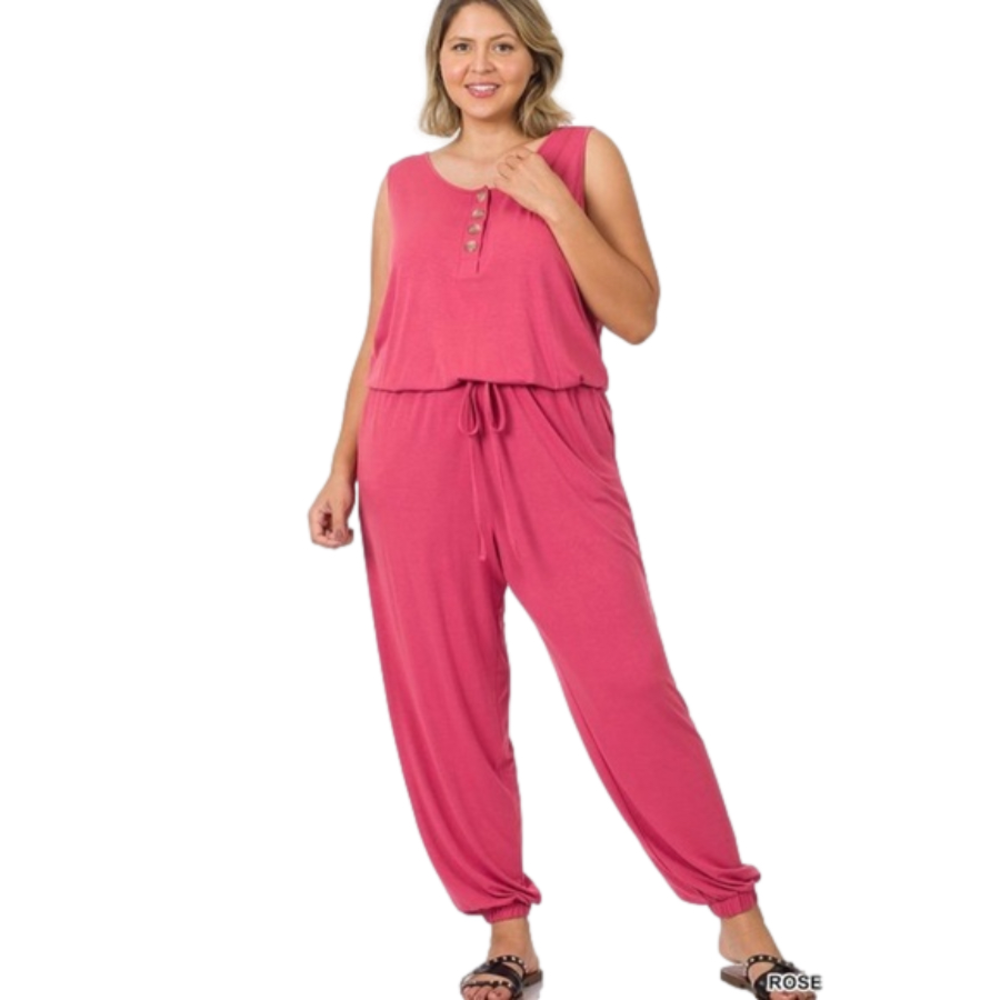 1X Rose Plus Sleeveless Jogger Jumpsuit With Pockets